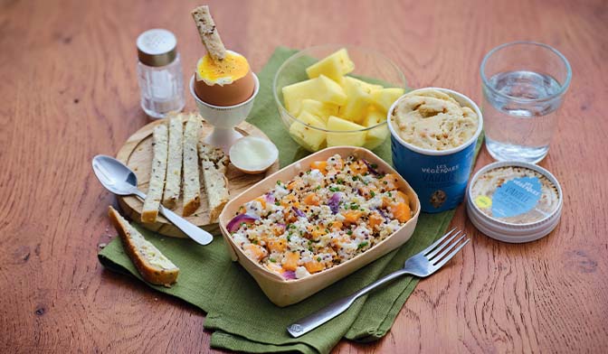 Menu &eacute;quilibr&eacute;  avec gratin de courge butternut, c&eacute;r&eacute;ales